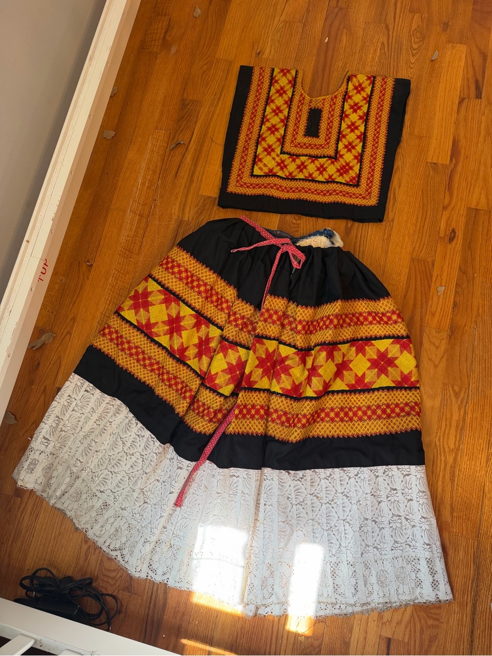 Traditional Embroidered Black, Yellow & Red Maxi Skirt with Lace Hem